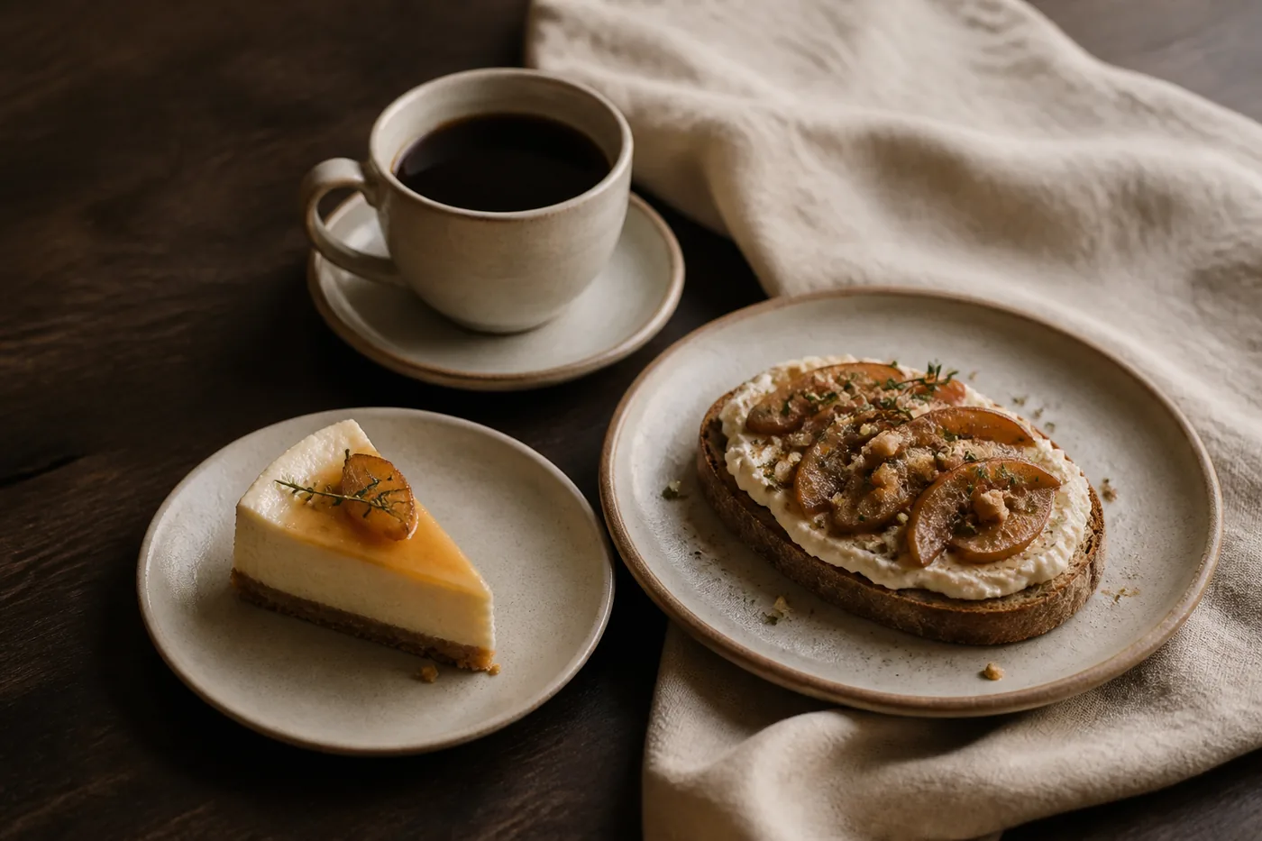 木のテーブルに並んだコーヒー、チーズケーキ、トースト